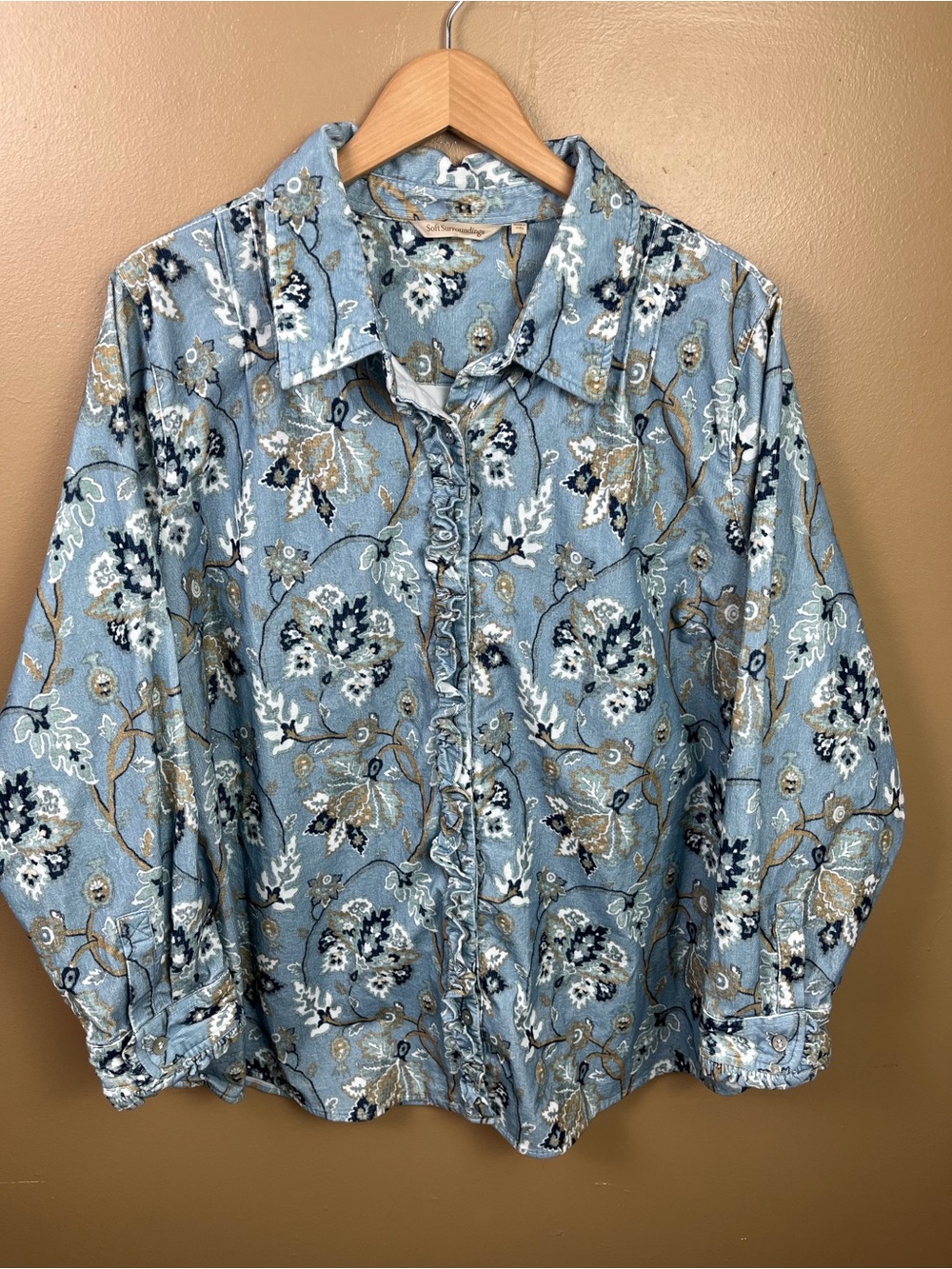 Soft Surroundings Stretch Corduroy Long Sleeve Big Shirt Blue Floral 2XL - Picture 3 of 11